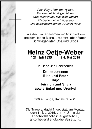 Traueranzeige von Heinz Oetje-Weber von Nordwest-Zeitung
