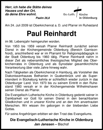 Traueranzeige von Paul Reinhardt von Nordwest-Zeitung