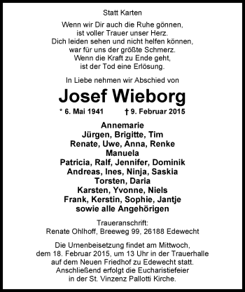 Traueranzeige von Joseph Wieborg von Nordwest-Zeitung
