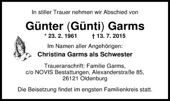 Traueranzeige von Günter Garms von Nordwest-Zeitung