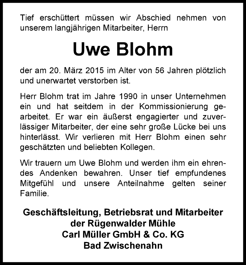  Traueranzeige für Uwe Blohm vom 26.03.2015 aus Nordwest-Zeitung