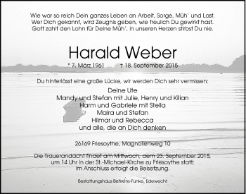 Traueranzeige von Harald Weber von Nordwest-Zeitung