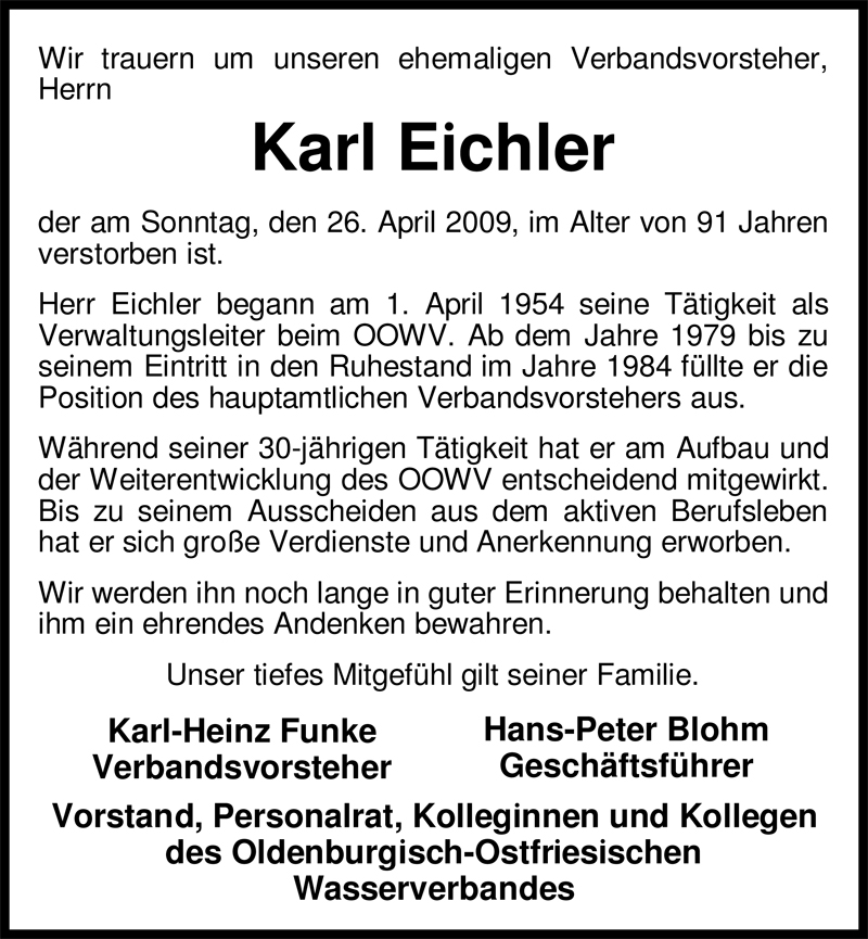  Traueranzeige für Karl Eichler vom 02.05.2009 aus Nordwest-Zeitung