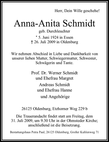 Traueranzeige von Anna-Anita Schmidt von Nordwest-Zeitung