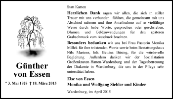 Traueranzeige von Günther von Essen von Nordwest-Zeitung