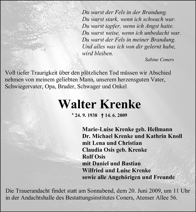  Traueranzeige für Walter Krenke vom 17.06.2009 aus Nordwest-Zeitung