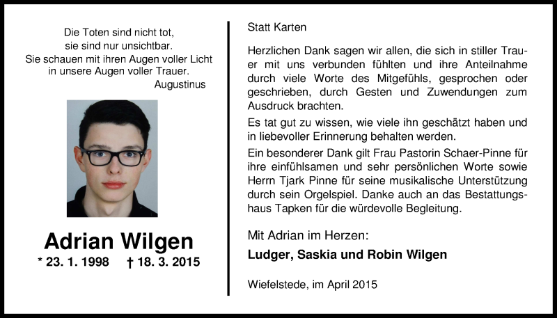  Traueranzeige für Adrian Wilgen vom 25.04.2015 aus Nordwest-Zeitung