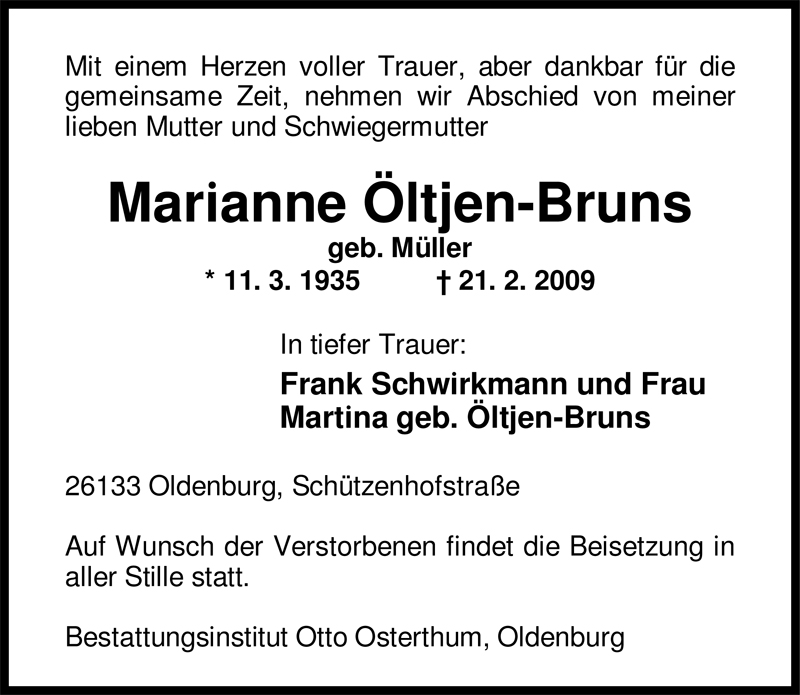  Traueranzeige für Marianne Öltjen-Bruns vom 28.02.2009 aus Nordwest-Zeitung