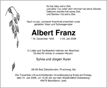 Traueranzeige von Albert Franz von Nordwest-Zeitung