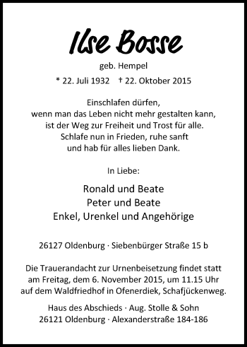Traueranzeige von Ilse Bosse von Nordwest-Zeitung