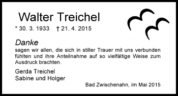 Traueranzeige von Walter Treichel von Nordwest-Zeitung