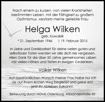 Traueranzeige von Helga Wilken von Nordwest-Zeitung
