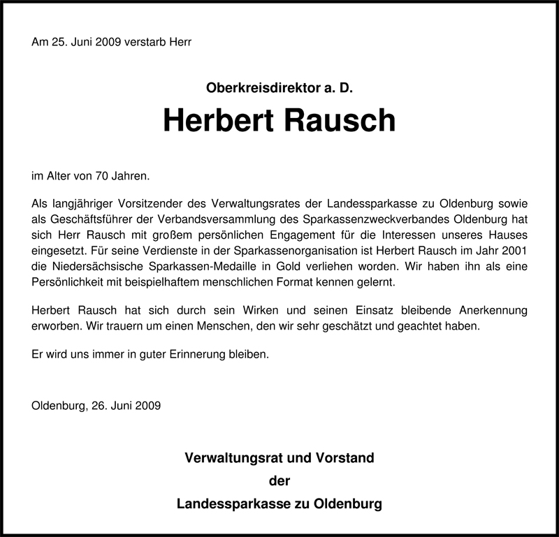  Traueranzeige für Herbert Rausch vom 29.06.2009 aus Nordwest-Zeitung