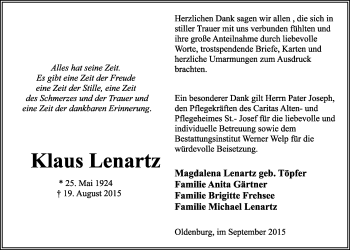 Traueranzeige von Klaus Lenartz von Nordwest-Zeitung