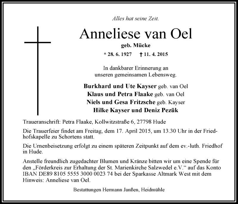  Traueranzeige für Anneliese van Oel vom 14.04.2015 aus Nordwest-Zeitung