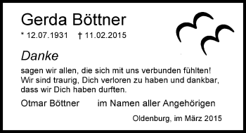 Traueranzeige von Gerda Böttner von Nordwest-Zeitung