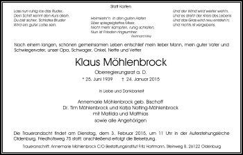 Traueranzeige von Klaus Möhlenbrock von Nordwest-Zeitung