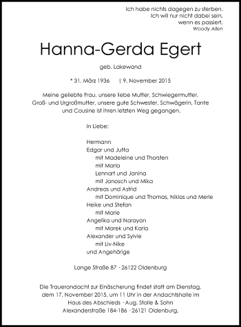 Traueranzeige von Hanna-Gerda Egert von Nordwest-Zeitung