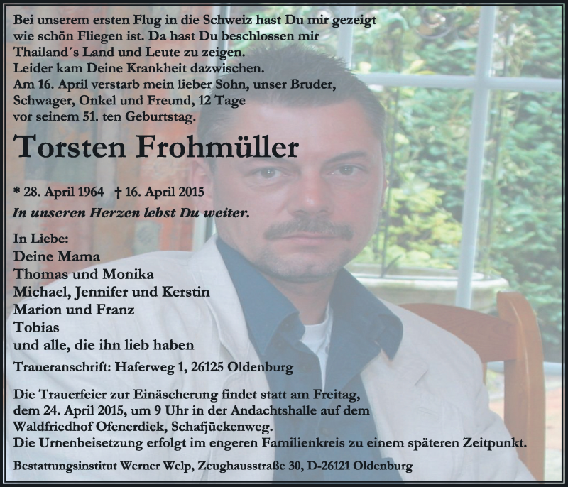  Traueranzeige für Torsten Frohmüller vom 20.04.2015 aus Nordwest-Zeitung
