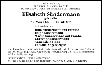 Traueranzeige von Elisabeth Sündermann von Nordwest-Zeitung