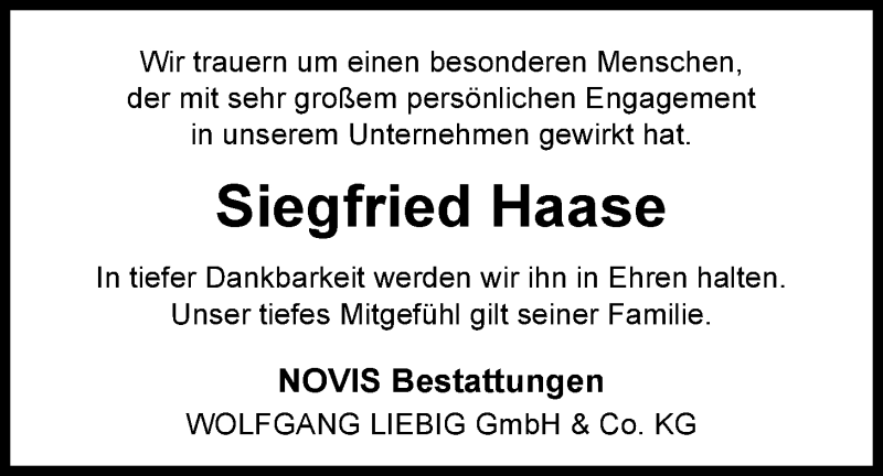  Traueranzeige für Siegfried Haase vom 15.09.2015 aus Nordwest-Zeitung