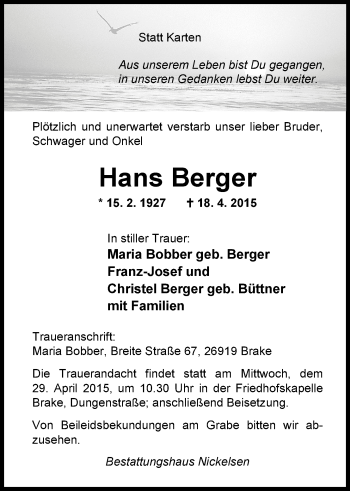 Traueranzeige von Hans Berger von Nordwest-Zeitung