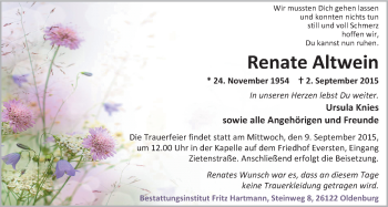 Traueranzeige von Renate Altwein von Nordwest-Zeitung