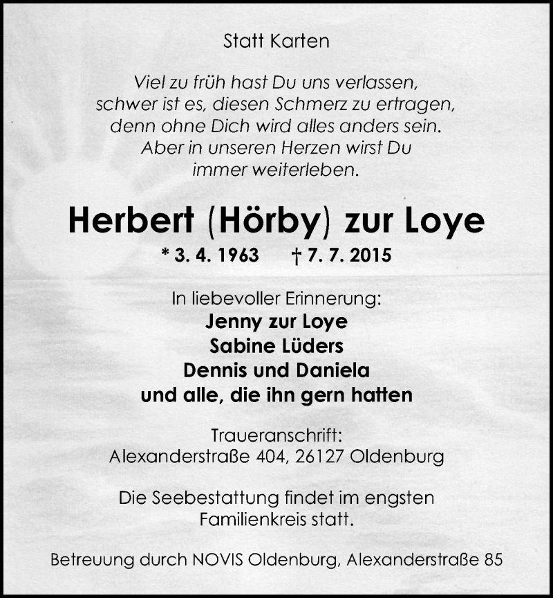  Traueranzeige für Herbert zur Loye vom 11.07.2015 aus Nordwest-Zeitung