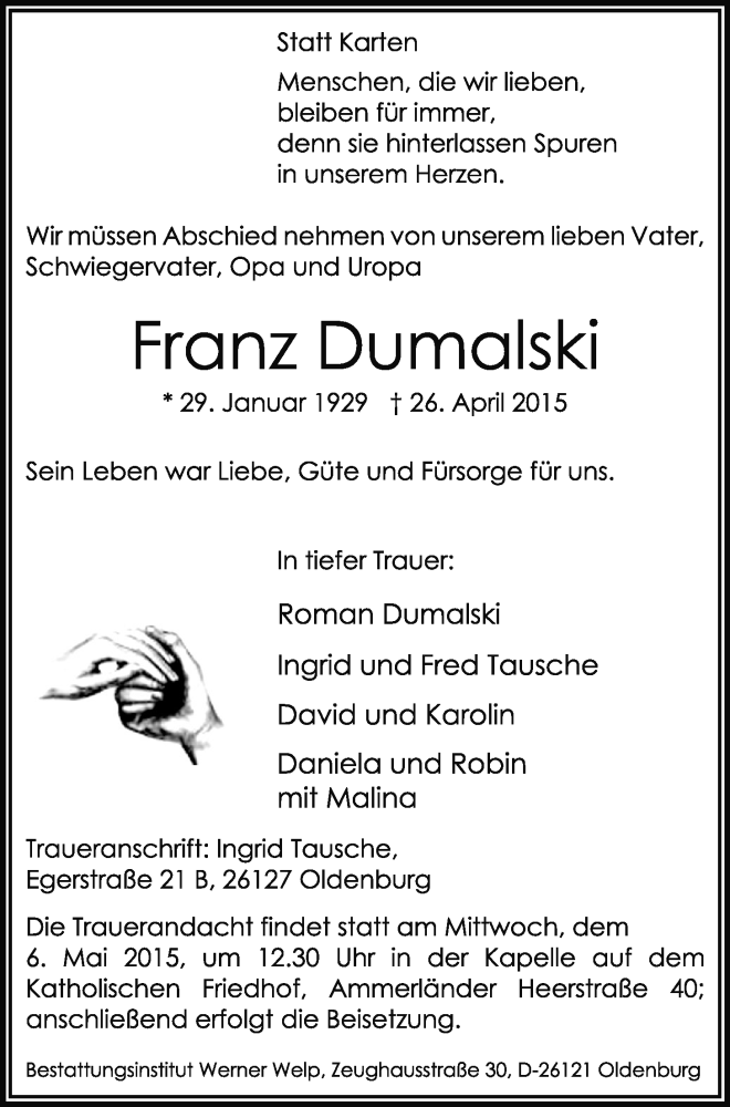  Traueranzeige für Franz Dumalski vom 02.05.2015 aus Nordwest-Zeitung