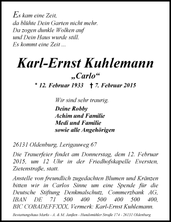Traueranzeige von Karl-Ernst Kuhlemann von Nordwest-Zeitung