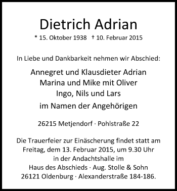 Traueranzeige von Dietrich Adrian von Nordwest-Zeitung