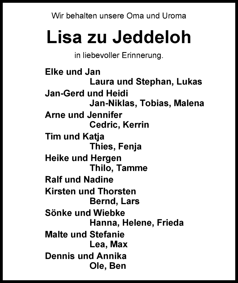  Traueranzeige für Lisa zu Jeddeloh vom 02.06.2015 aus Nordwest-Zeitung