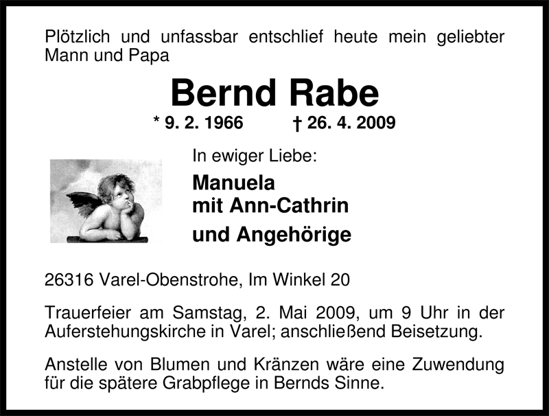  Traueranzeige für Bernd Rabe vom 28.04.2009 aus Nordwest-Zeitung