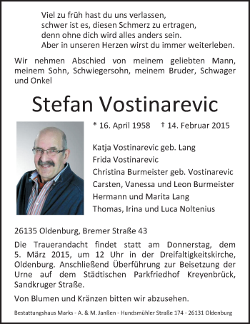 Traueranzeige von Stefan Vostinarevic von Nordwest-Zeitung