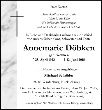 Traueranzeige von Annemarie Döbken von Nordwest-Zeitung