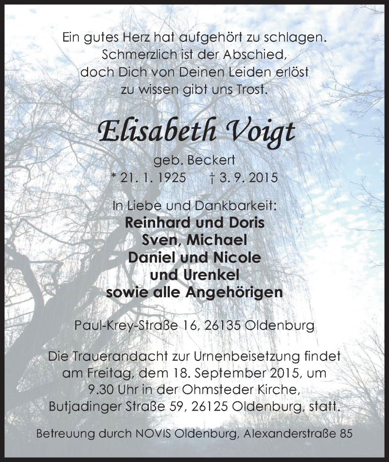  Traueranzeige für Elisabeth Voigt vom 12.09.2015 aus Nordwest-Zeitung
