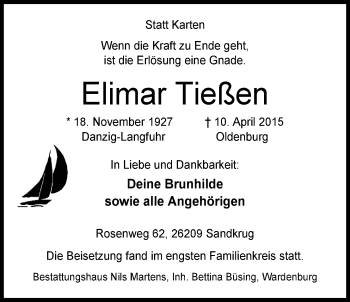 Traueranzeige von Elimar Tießen von Nordwest-Zeitung