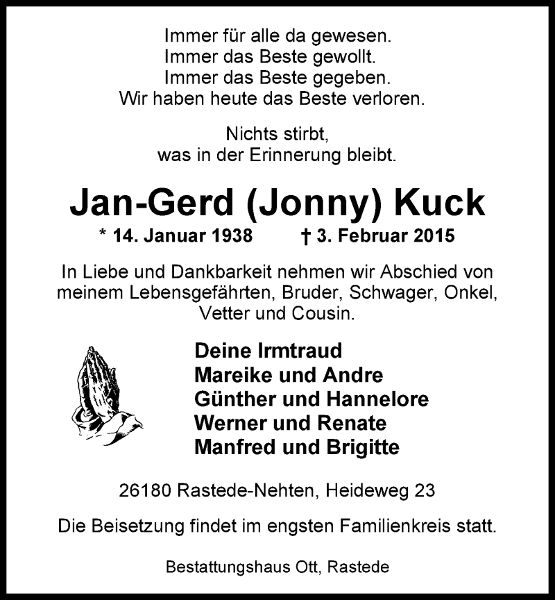  Traueranzeige für Jan-Gerd Kuck vom 05.02.2015 aus Nordwest-Zeitung