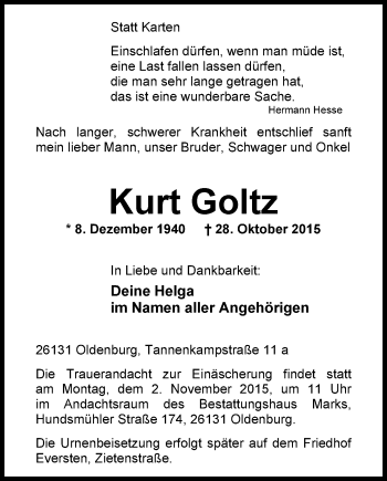 Traueranzeige von Kurt Goltz von Nordwest-Zeitung