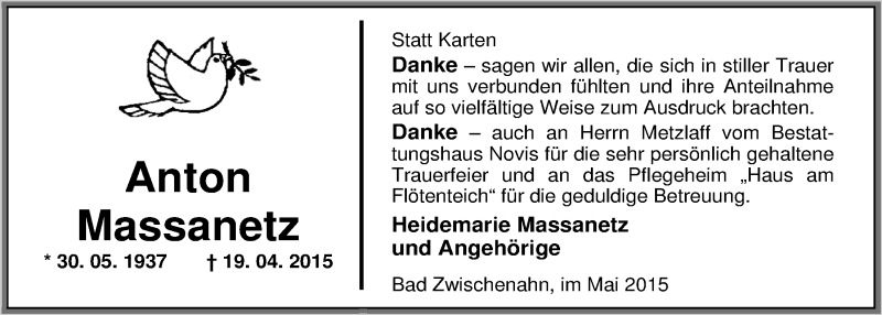  Traueranzeige für Anton Massanetz vom 30.05.2015 aus Nordwest-Zeitung