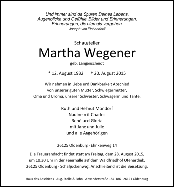 Traueranzeige von Martha Wegener von Nordwest-Zeitung