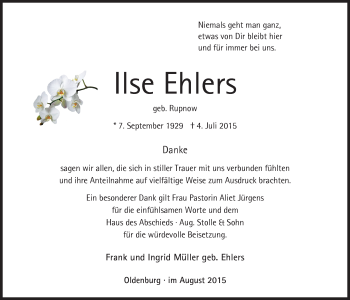 Traueranzeige von Ilse Ehlers von Nordwest-Zeitung
