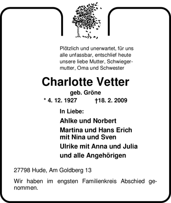 Traueranzeige von Charlotte Vetter von Nordwest-Zeitung