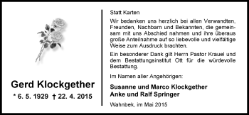 Traueranzeige von Gerd Klockgether von Nordwest-Zeitung