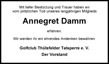 Traueranzeige von Annegret Damm von Nordwest-Zeitung