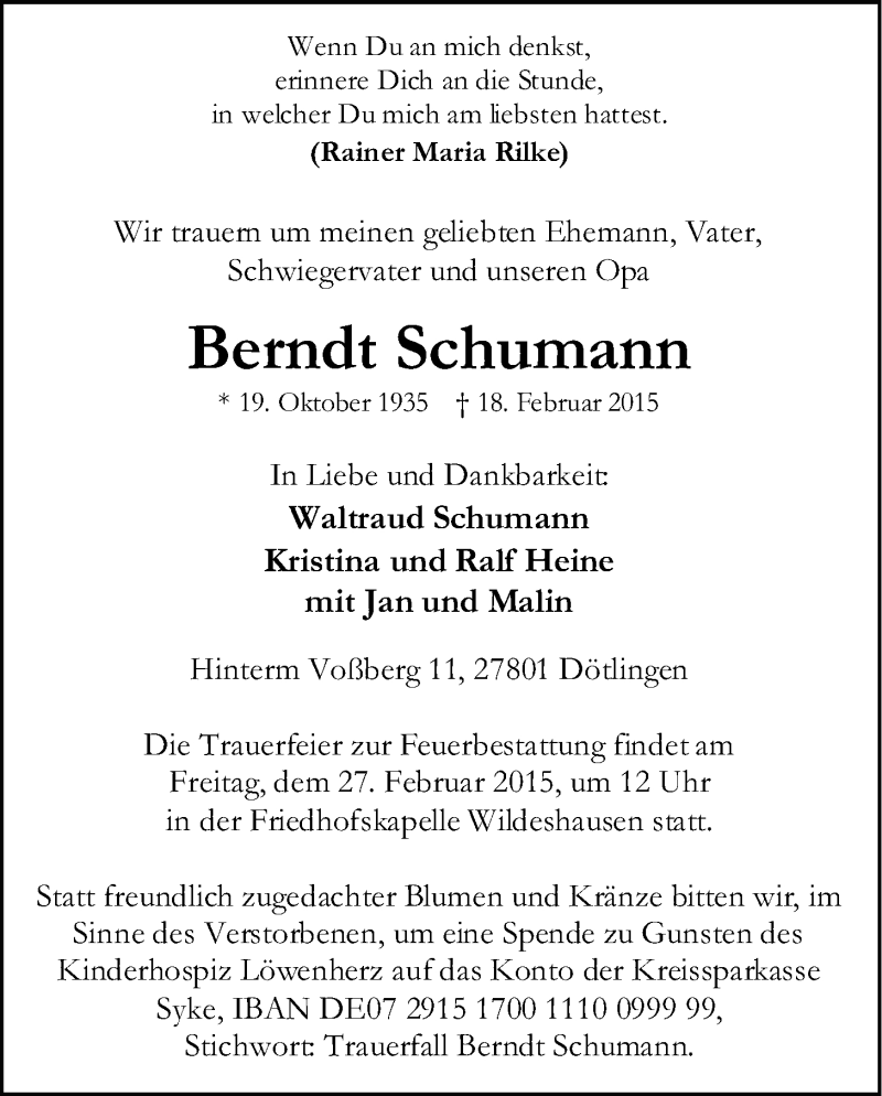  Traueranzeige für Berndt Schumann vom 21.02.2015 aus Nordwest-Zeitung