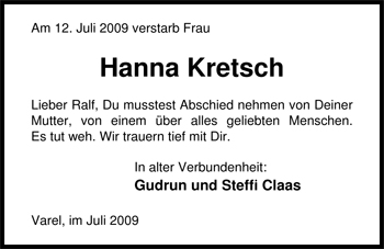 Traueranzeige von Hanna Kretsch von Nordwest-Zeitung