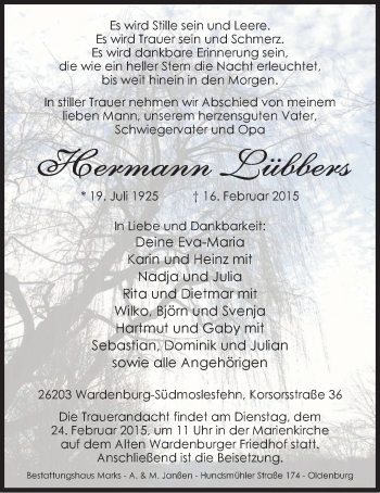Traueranzeige von Hermann Lübbers von Nordwest-Zeitung