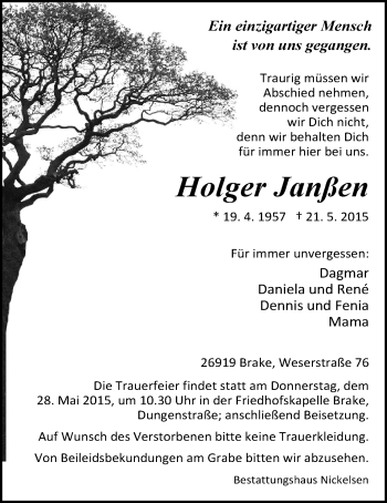 Traueranzeige von Holger Janßen von Nordwest-Zeitung