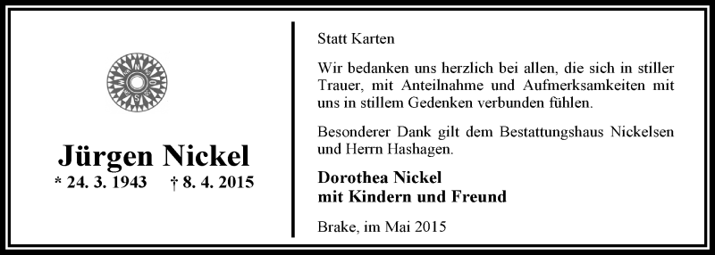  Traueranzeige für Jürgen Nickel vom 02.05.2015 aus Nordwest-Zeitung